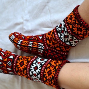 hand knit christmas stockings, White red orange black Turkish winter Socks, mens womens High Socks image 3