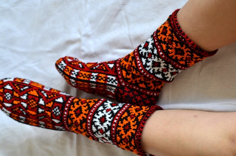 hand knit christmas stockings, White red orange black Turkish winter Socks, mens womens High Socks image 3