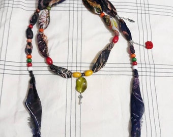 Wooden Beaded colourful Cotton Scarf, womens authentic cotton Necklace with pendant
