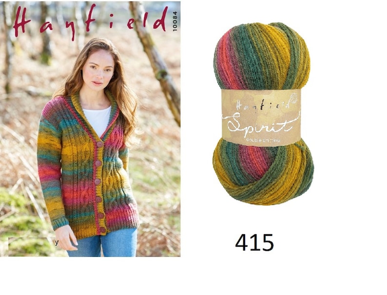 May include: A ball of Hayfield Spirit yarn in color 415. The yarn is a multi-colored blend of green, yellow, pink, and red.
