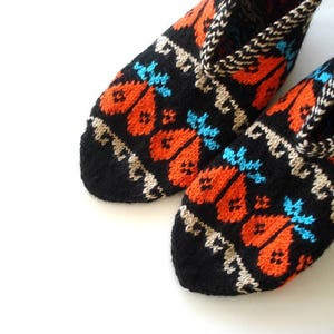 Orange turquoize beige black Hand Knit Slippers, ladies booties, knitted home shoes, womens slippers with heart design, halloween gifts image 1