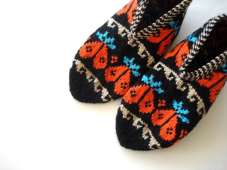 Orange turquoize beige black Hand Knit Slippers, ladies booties, knitted home shoes, womens slippers with heart design, halloween gifts image 1