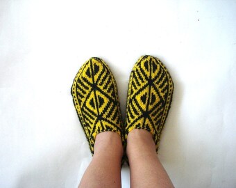 Yellow Black knitted womens Slippers, crochet slippers, gift for women mothers grandma sister