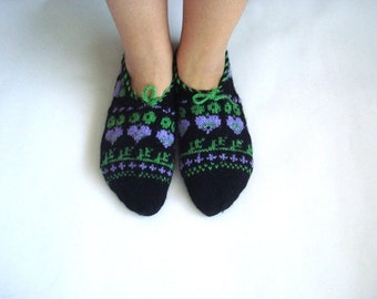 women slippers, green lilac Black Turkish traditional Hand Knitted Socks, ladies booties, knitted home shoes womens slippers, adult slippers