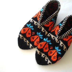 Orange turquoize beige black Hand Knit Slippers, ladies booties, knitted home shoes, womens slippers with heart design, halloween gifts image 2