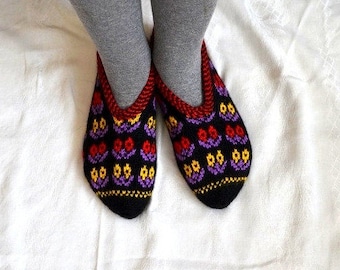 Crochet Slipper Socks, womens slippers, knit red yellow purple Turkish Socks, girl Slippers, knitted home shoes, womens slippers, house shoe