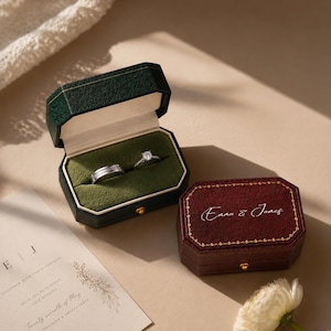 Personalized Octagon Wedding Ring Box, Vintage Faux Leather Ring Holder, Custom Couple Names, Proposal Gift, Ring Bearer Keepsake