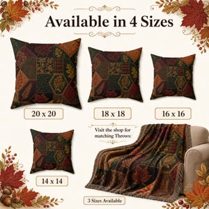 May include: Four square throw pillows and one rectangular throw blanket featuring a patchwork design of autumn leaves, acorns, and plaid patterns in shades of brown, orange, and green. Text indicates sizes 20x20, 18x18, 16x16, and 14x14 inches.