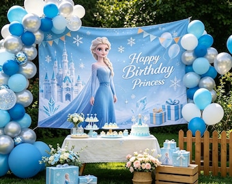 Personalisierte Elsa-Geburtstagsbanner (Die Eiskönigin), Wanddekoration „Eisschloss“, Winterparty-Hintergrund