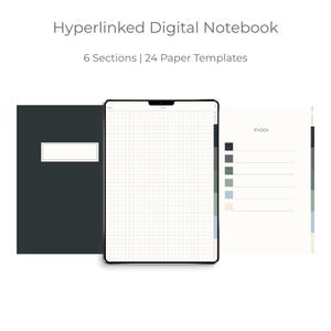 May include: A hyperlinked digital notebook with 6 sections and 24 paper templates. The display shows a dark cover with a white label, a grid-lined page with topic and date fields, and an index page featuring coloured tabs and horizontal lines.