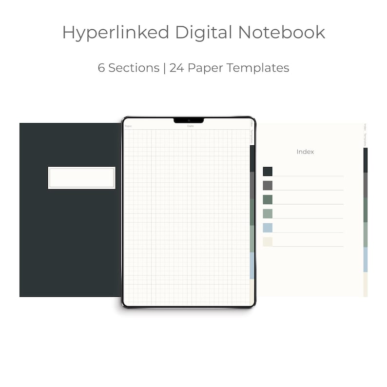 May include: A hyperlinked digital notebook with 6 sections and 24 paper templates. The display shows a dark cover with a white label, a grid-lined page with topic and date fields, and an index page featuring coloured tabs and horizontal lines.