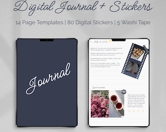 Digital Journal Template + Stickers, 14 paper templates, Goodnotes Notebook, Washi Tape (Digital Download)
