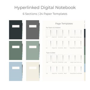 May include: A hyperlinked digital notebook with 6 sections and 24 paper templates. The image displays six notebook covers in various solid colours, each with a white rectangular label, alongside a page showing grid, lined, dot, and blank layouts.