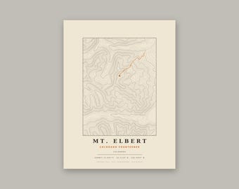 Lámina topográfica del Monte Elbert / El pico más alto de Colorado / Decoración de pared