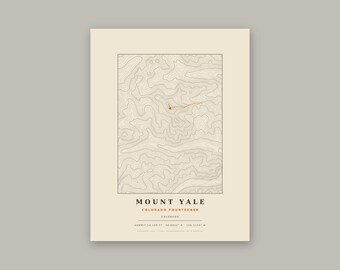 Lámina topográfica del Monte Yale / Mapa mural de los picos de más de 4200 metros de Colorado / Elige tu edición
