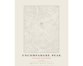 Lámina topográfica del Pico Uncompahgre / Mapa mural de los picos de más de 14.000 pies de Colorado / Elige tu edición