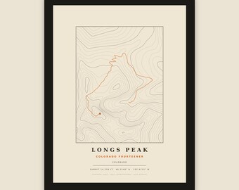 Longs Peak Framed Topo Print, Real USGS Contours & Keyhole Route | Ready to Hang Colorado 14er Wall Art