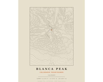 Lámina topográfica de Blanca Peak / Mapa mural de los picos de más de 14.000 pies de Colorado / Elige tu edición