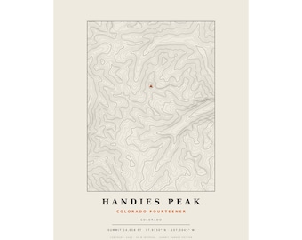 Lámina topográfica de Handies Peak / Mapa mural de los picos de más de 14.000 pies de Colorado / Elige tu edición