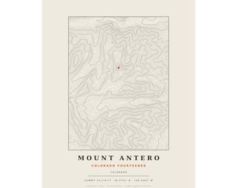 Lámina topográfica del Monte Antero / Mapa mural de los picos de más de 14.000 pies de Colorado / Elige tu edición