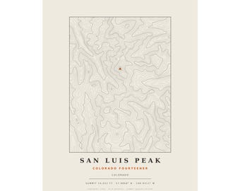 Lámina topográfica del Pico San Luis / Mapa mural de los picos de más de 14.000 pies de Colorado / Elige tu edición