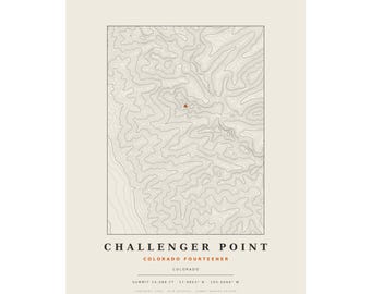 Lámina topográfica de Challenger Point / Mapa mural de las montañas de Colorado de más de 14.000 pies / Elige tu edición