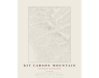 Lámina topográfica de la montaña Kit Carson / Mapa mural de los picos de más de 14.000 pies de Colorado / Elige tu edición