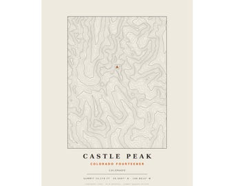Lámina topográfica de Castle Peak / Mapa mural de las montañas de Colorado de más de 14.000 pies / Elige tu edición
