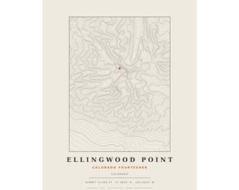 Lámina topográfica de Ellingwood Point / Mapa mural de las montañas de Colorado de más de 14.000 pies / Elige tu edición