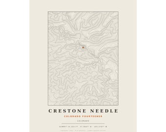 Lámina topográfica de Crestone Needle / Mapa mural de las montañas de Colorado de más de 14.000 pies / Elige tu edición