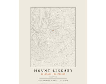 Lámina topográfica del Monte Lindsey / Mapa mural de los picos de más de 14.000 pies de Colorado / Elige tu edición