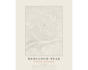 Lámina topográfica de Redcloud Peak / Mapa mural de las montañas de Colorado de más de 14.000 pies / Elige tu edición