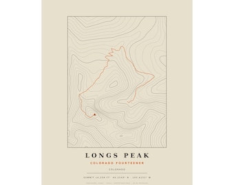 Lámina topográfica de Longs Peak / Mapa mural de las montañas de Colorado de más de 14.000 pies / Elige tu edición