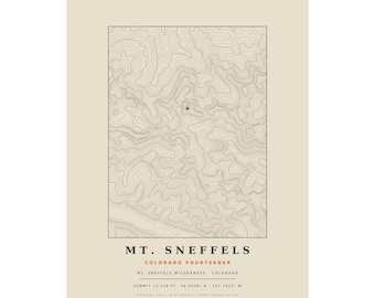 Lámina topográfica del Monte Sneffels / Mapa mural de los picos de más de 4200 metros de Colorado / Elige tu edición