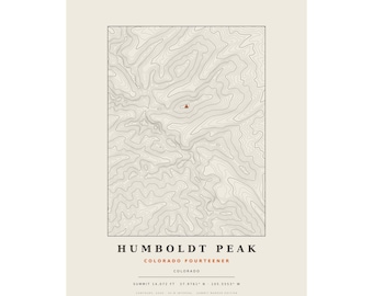 Lámina topográfica del Pico Humboldt / Mapa mural de los picos de más de 14.000 pies de Colorado / Elige tu edición