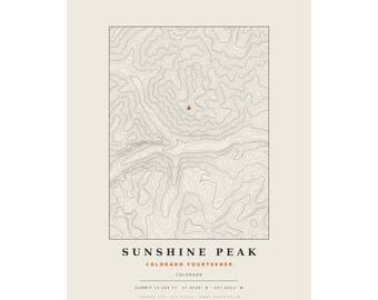 Lámina topográfica de Sunshine Peak / Mapa mural de las montañas de Colorado de más de 14.000 pies / Elige tu edición