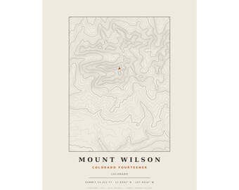 Lámina topográfica del Monte Wilson / Mapa mural de los picos de más de 14.000 pies de Colorado / Elige tu edición