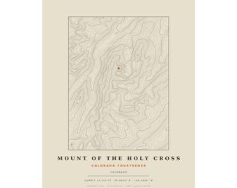 Lámina topográfica del Monte de la Santa Cruz / Mapa mural de los picos de más de 4200 metros de Colorado / Elige tu edición