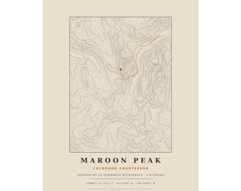 Lámina topográfica de Maroon Peak / Mapa mural de las montañas de Colorado de más de 14.000 pies / Elige tu edición