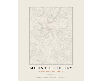 Lámina topográfica del Monte Blue Sky / Mapa mural de los picos de más de 14.000 pies de Colorado / Elige tu edición