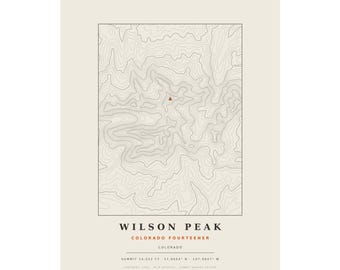 Lámina topográfica de Wilson Peak / Mapa mural de los picos de más de 14.000 pies de Colorado / Elige tu edición