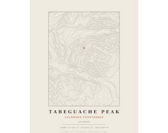 Lámina topográfica del pico Tabeguache / Mapa mural de los picos de más de 14.000 pies de Colorado / Elige tu edición