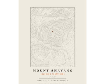 Lámina topográfica del Monte Shavano / Mapa mural de los picos de más de 14.000 pies de Colorado / Elige tu edición