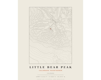 Lámina topográfica de Little Bear Peak / Mapa mural de los picos de más de 14.000 pies de Colorado / Elige tu edición