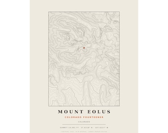 Lámina topográfica del Monte Eolus / Mapa mural de los picos de más de 4200 metros de Colorado / Elige tu edición
