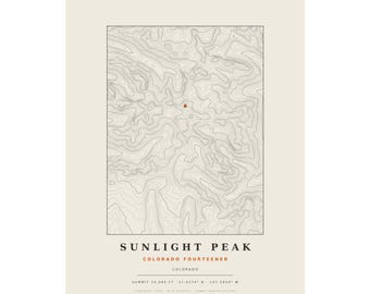Lámina topográfica de Sunlight Peak / Mapa mural de las montañas de Colorado de más de 14.000 pies / Elige tu edición