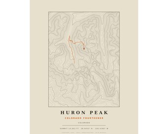 Lámina topográfica del Pico Huron / Mapa mural de los picos de más de 14.000 pies de Colorado / Elige tu edición