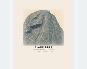 Black Gold Climbing Print, Clear Creek Canyon Route Art | Steel-Blue Engraving Wall Art for Climbers