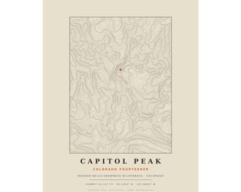 Lámina topográfica de Capitol Peak / Mapa mural de las montañas de Colorado de más de 14.000 pies / Elige tu edición