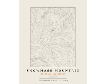 Lámina topográfica de Snowmass Mountain / Mapa mural de los picos de más de 14.000 pies de Colorado / Elige tu edición